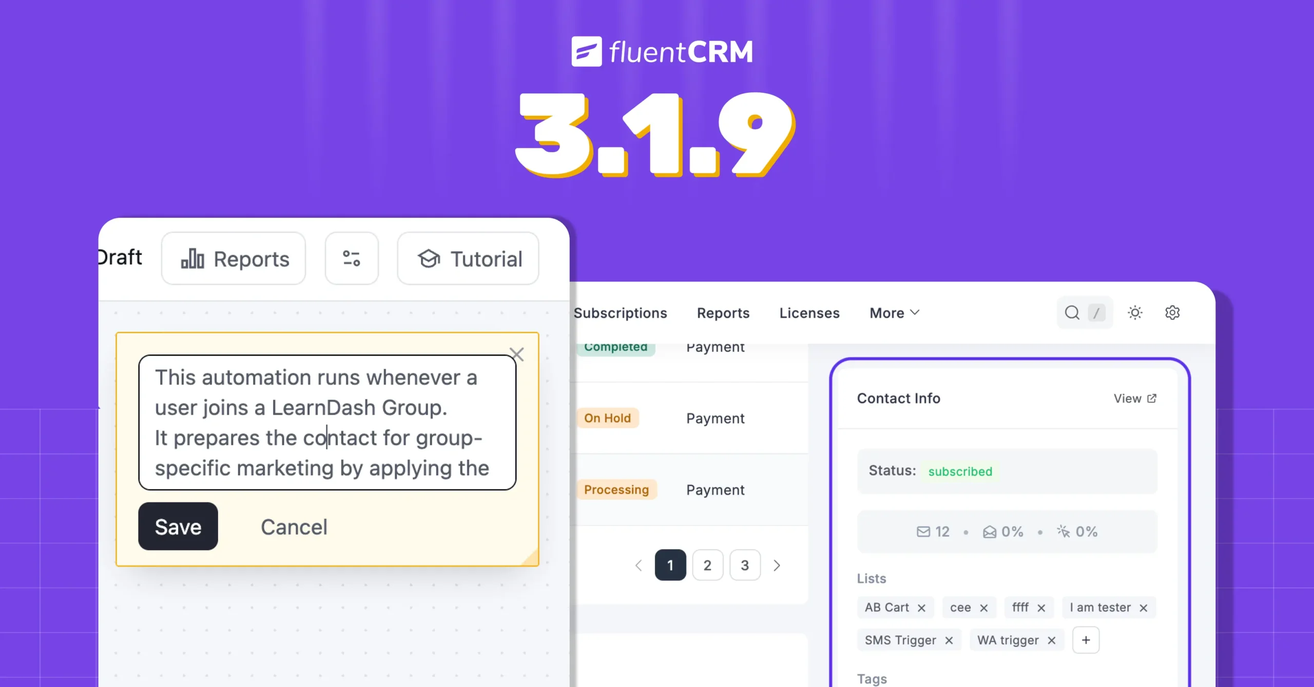 FluentCRM version 3.1.9 release announcement showing dashboard UI updates.