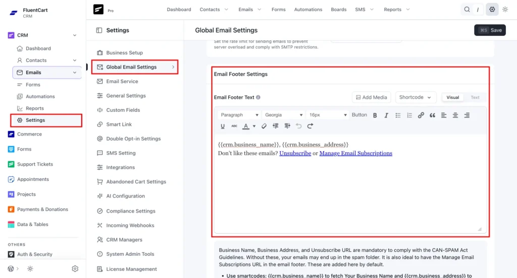 Email Footer Settings interface in FluentCart CRM Dashboard.