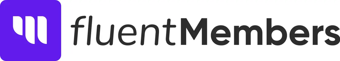Logo for fluentMembers featuring a purple icon and black text.