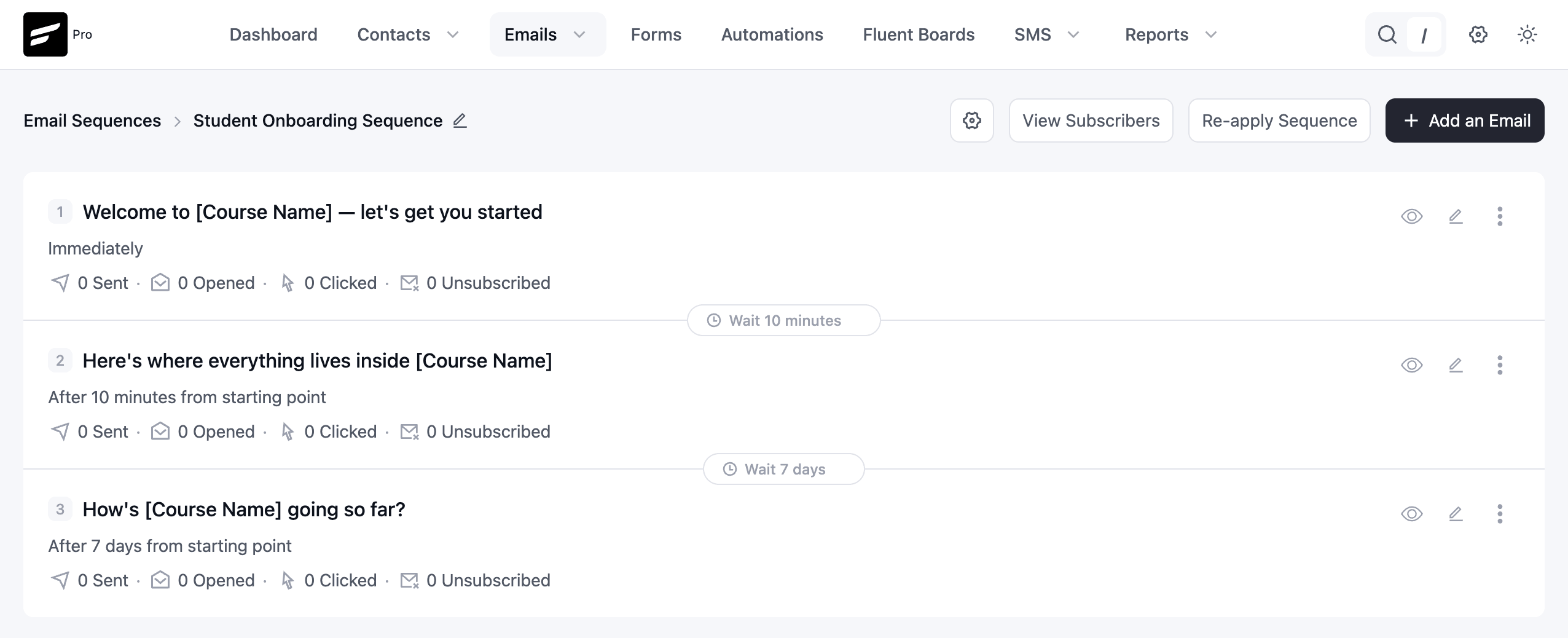 A dashboard interface for managing a student onboarding email sequence.