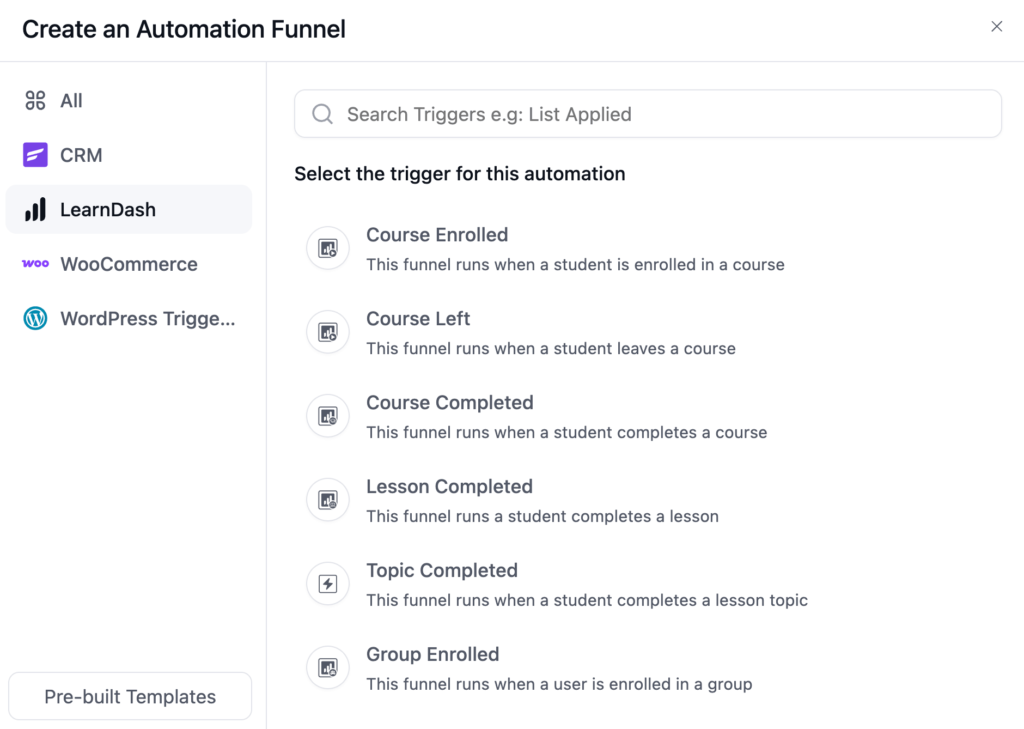 Interface for creating an automation funnel with LearnDash triggers.