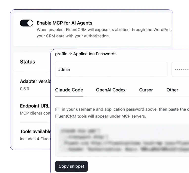 FluentCRM interface for enabling MCP for AI agents.