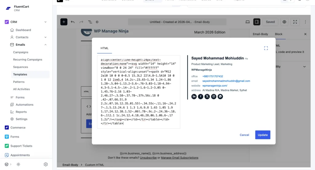 Image showing paste signature source code inside the html block add to individual email templates (fluentcrm email builder)