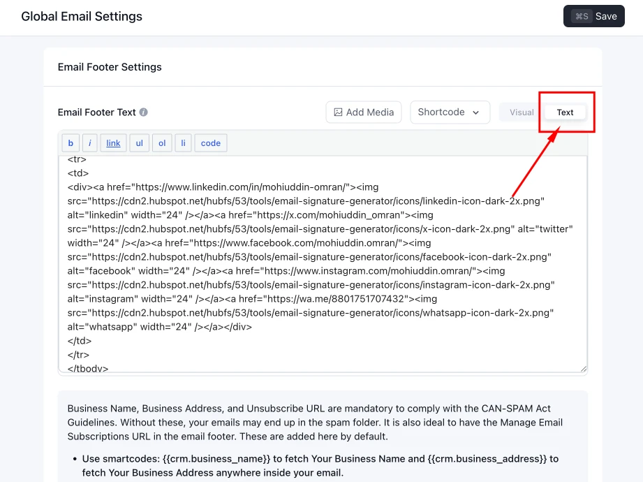 Email footer settings with Signature source code in text editor mode.