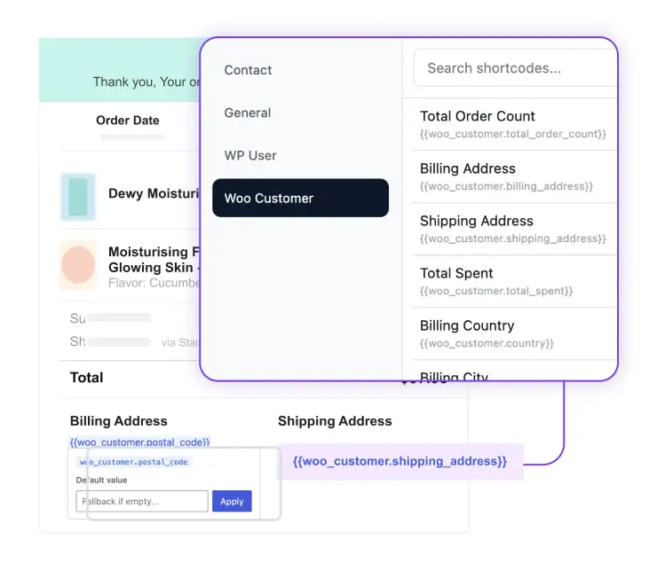 Dynamic shortcode selection menu for WooCommerce customer data.