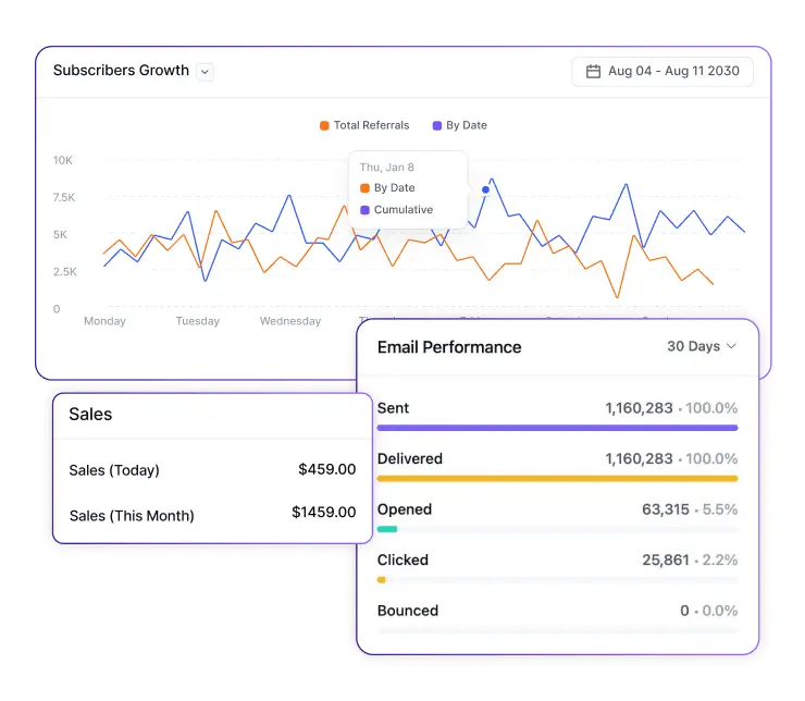 Dashboard showing subscriber growth, sales, and email performance metrics.