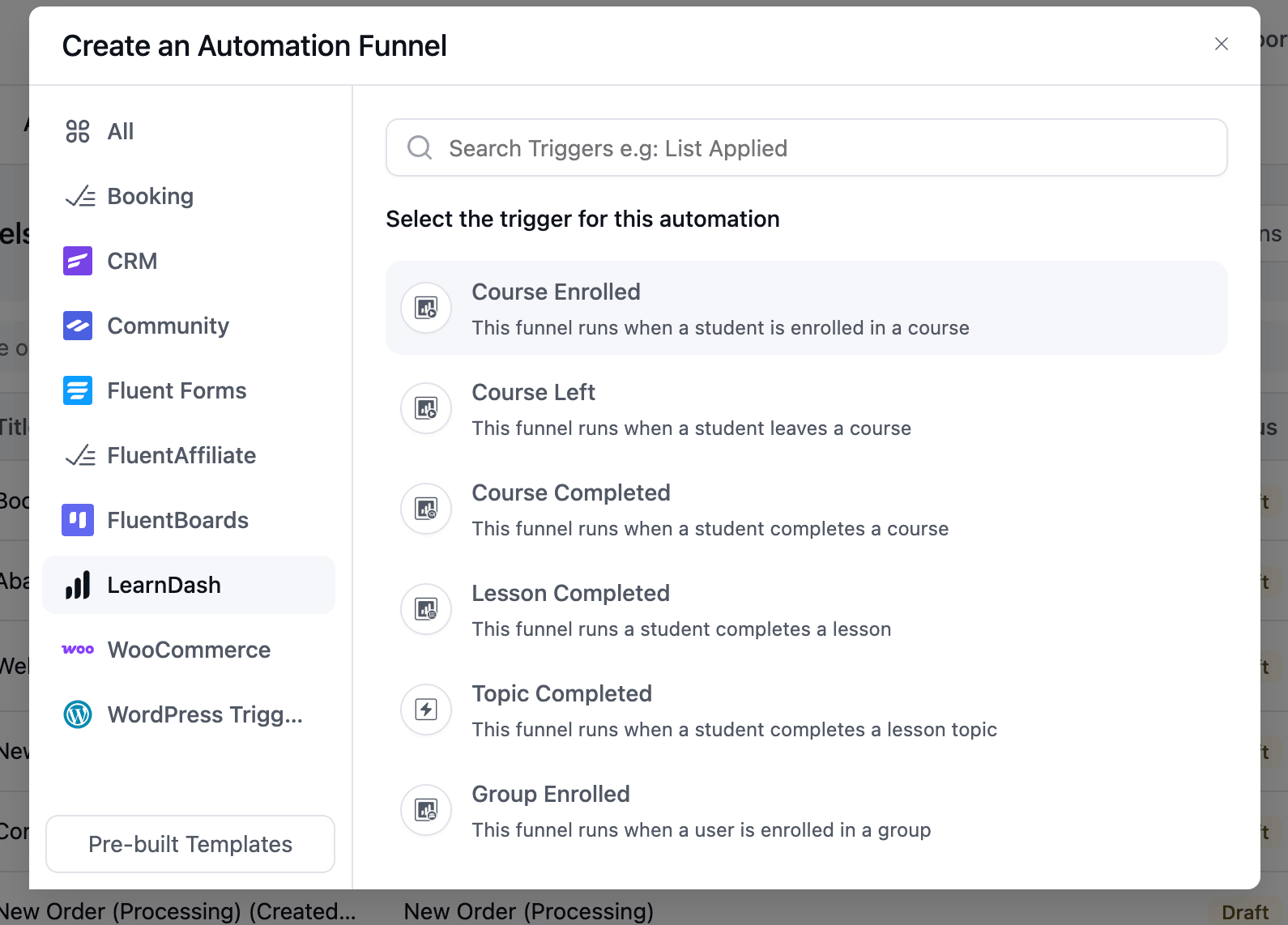 Automation funnel creation interface showing LearnDash triggers.