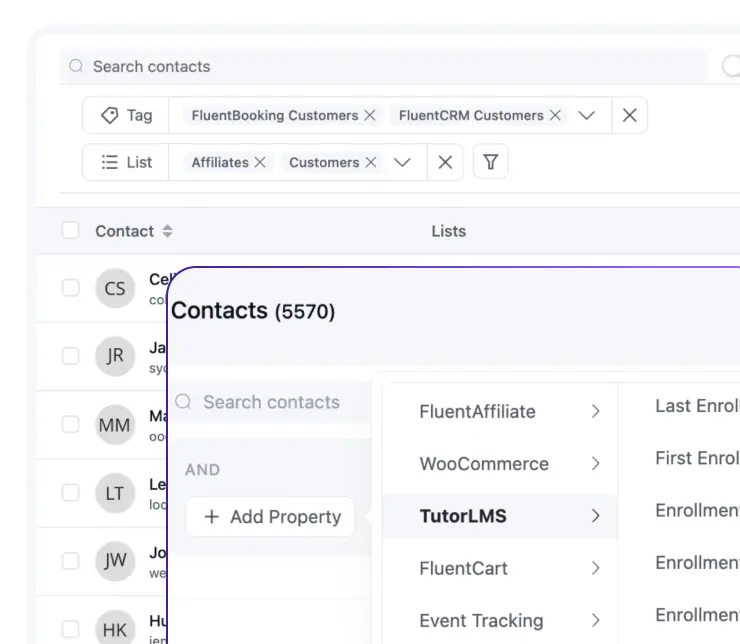 Screenshot of a CRM interface with contact list and filters.
