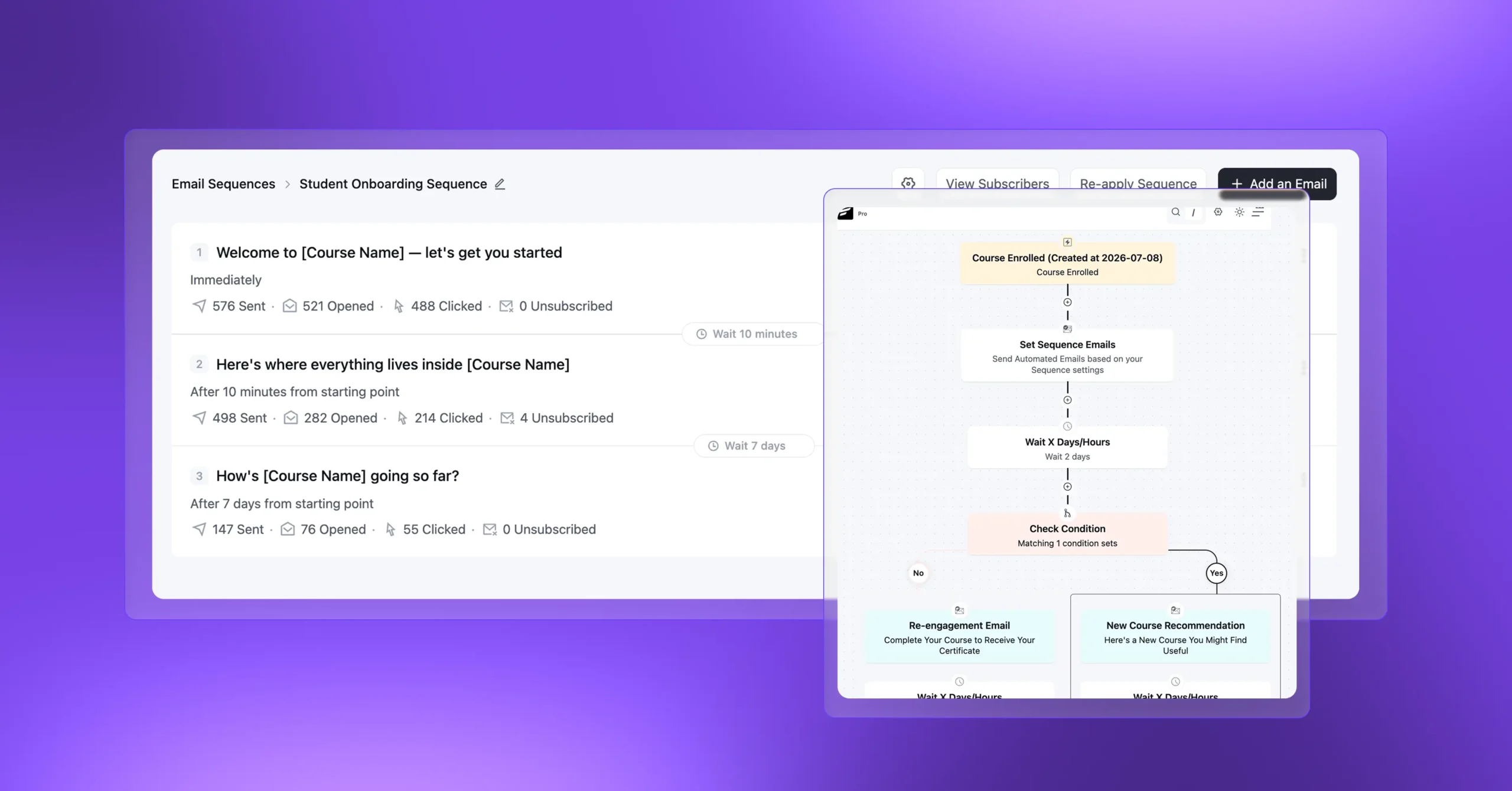 Email marketing automation sequence and visual workflow interface.