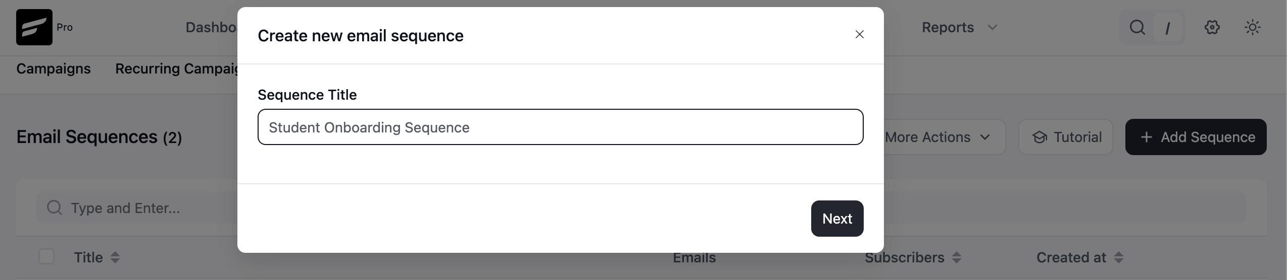 Create new email sequence popup modal on a dashboard.