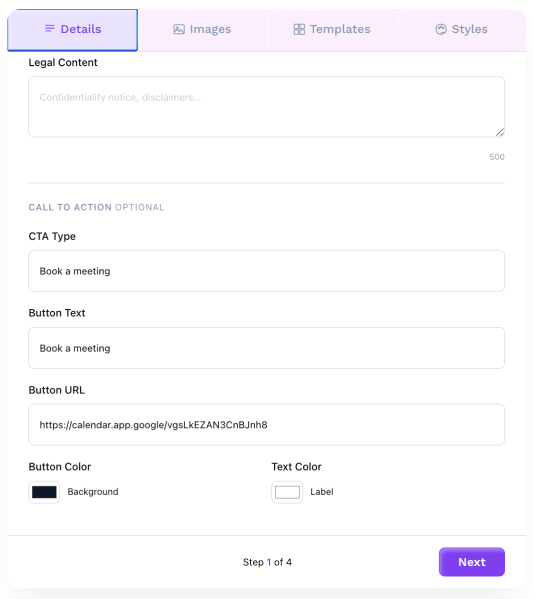 email signature generator step 1 contact details