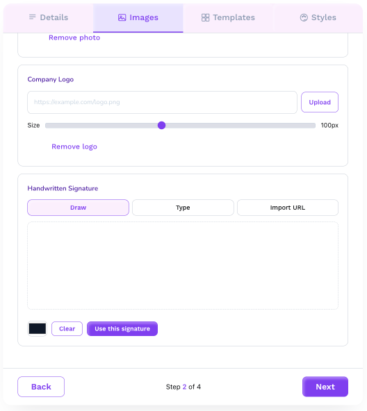email signature generator step 2 images and company image 1x