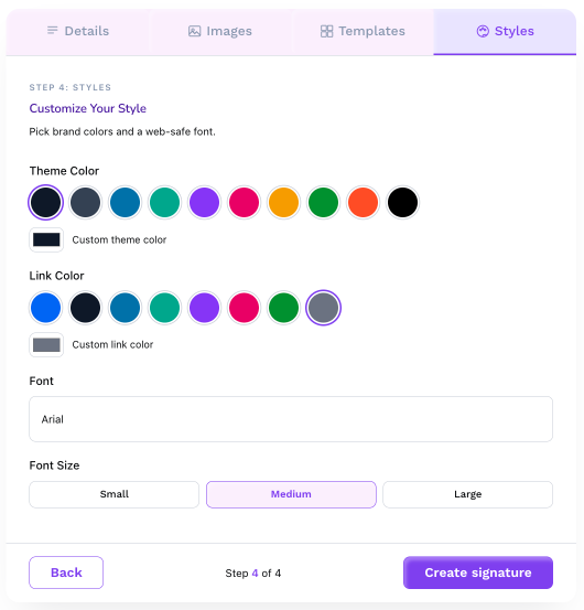 email signature generator step 4 customise your theme color and link color 1x
