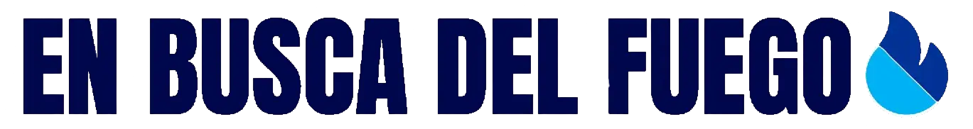 Dark blue text reading EN BUSCA DEL FUEGO with flame.