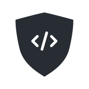 Dark shield icon containing white coding brackets.