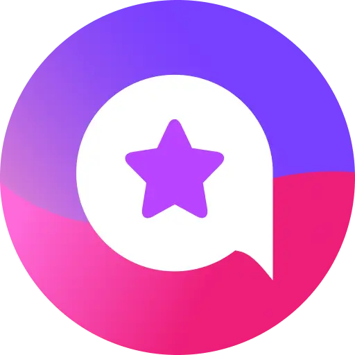 Purple and pink circular icon with a star chat bubble.