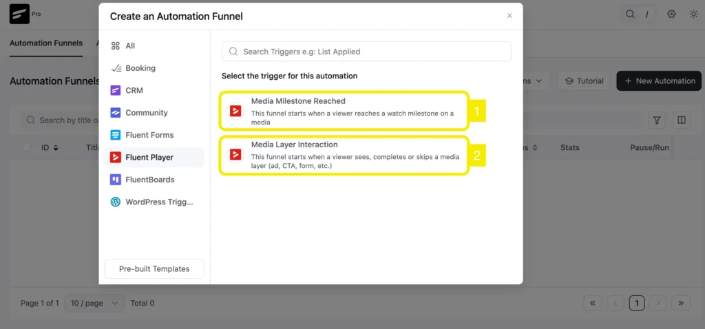 Automation funnel creation modal showing Fluent Player triggers.