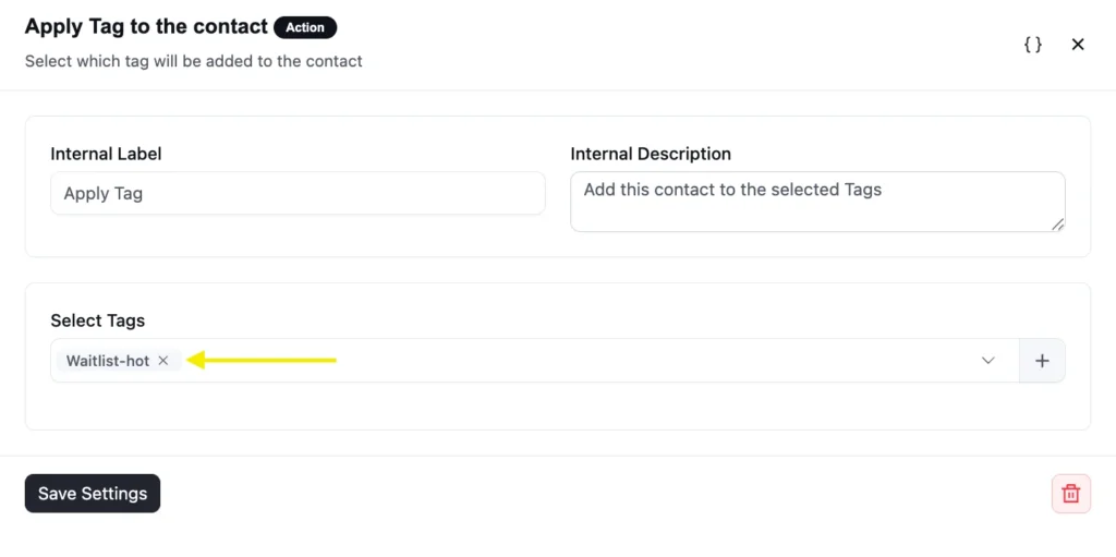 Software settings page for adding tags to a contact.