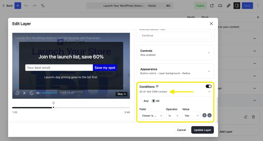 Edit Layer interface showing conditional logic for video overlays.