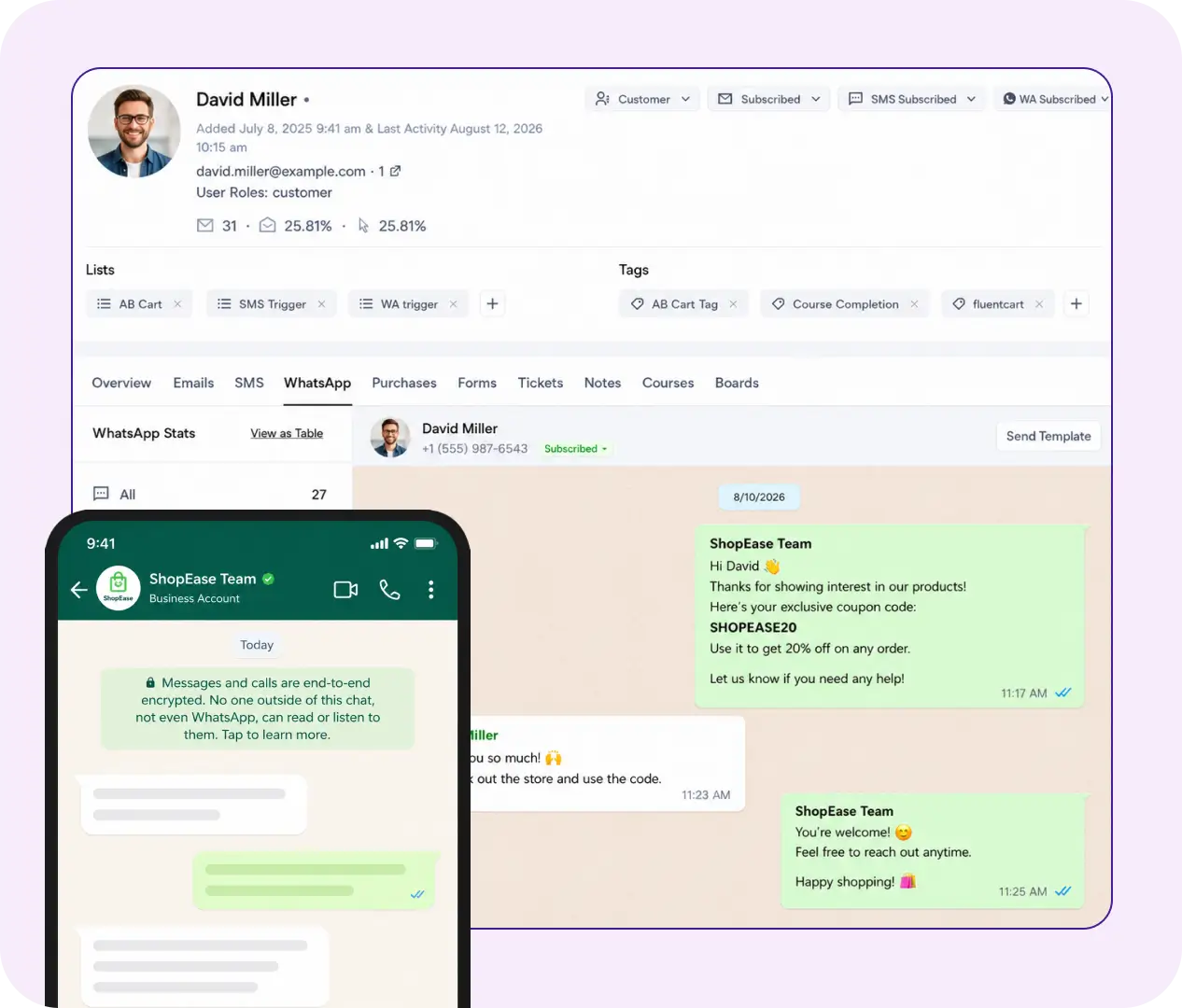 CRM dashboard and mobile phone showing integrated WhatsApp messaging.