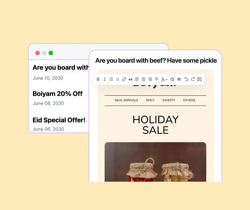 Graphic showing an email editor with a holiday sale template.