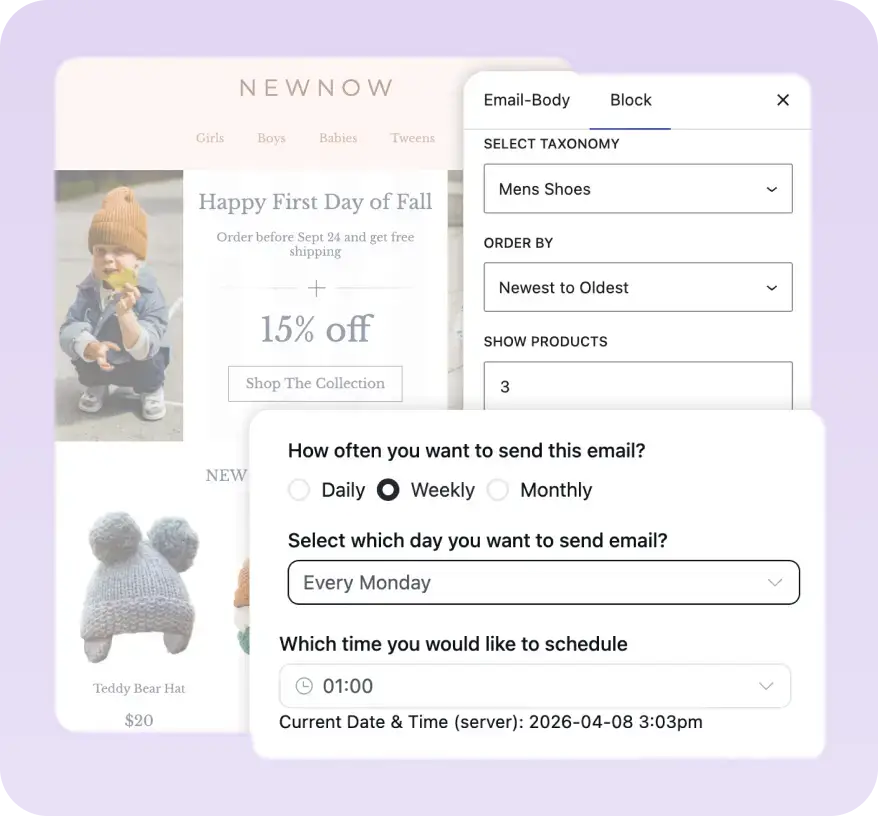 UI for scheduling and configuring automated marketing email content.