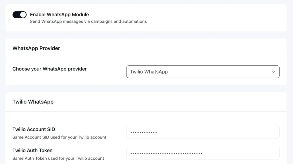 A settings dashboard showing Twilio WhatsApp provider configuration options.