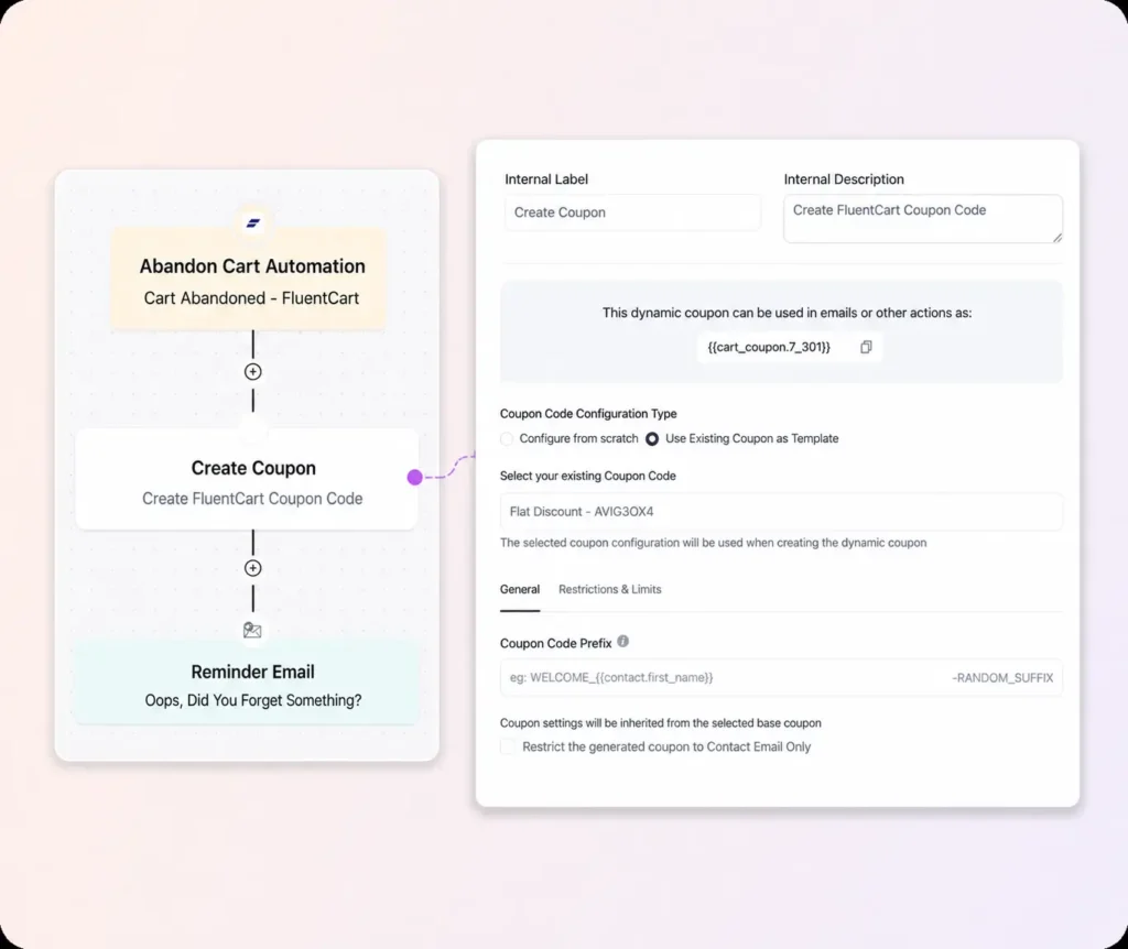 Interface for setting up an abandon cart automation workflow.