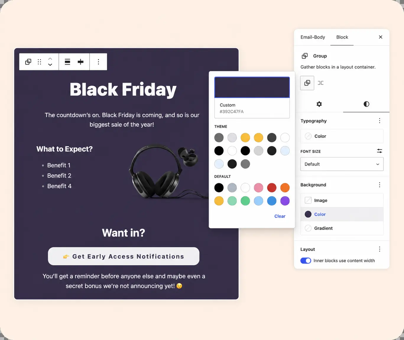 Interface of an email editor designing a Black Friday sale.