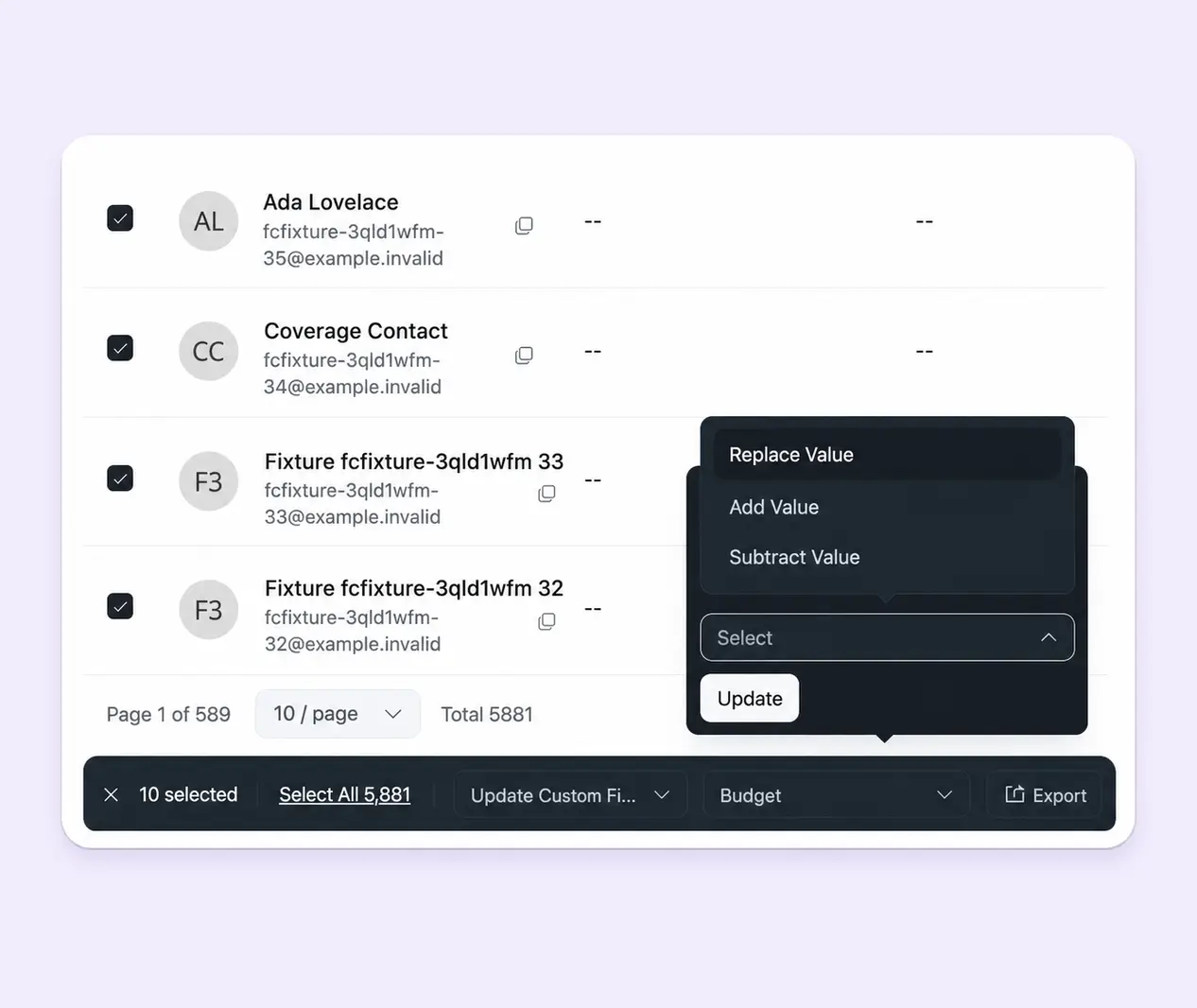 User interface showing a contact list with bulk update options.