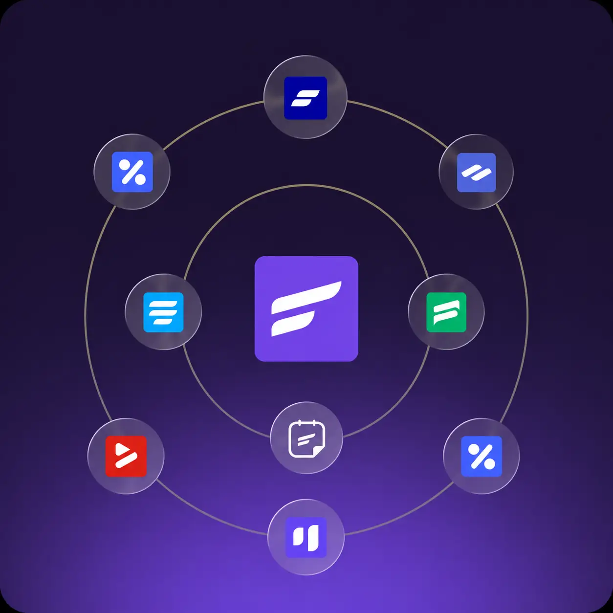 Central winged 'F' logo surrounded by orbiting app icons.