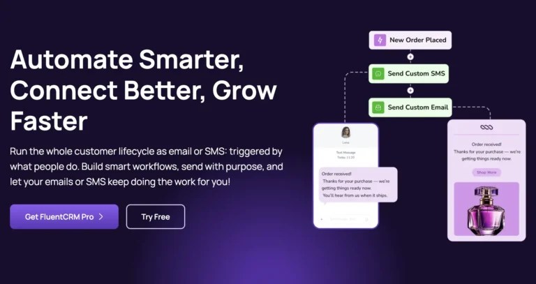 FluentCRM marketing image showing automated email and SMS workflows.