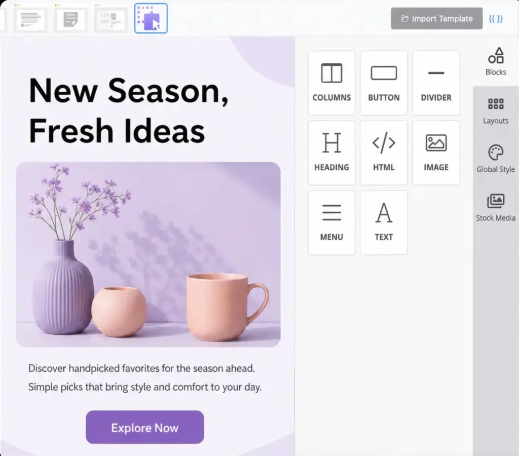 A digital design interface for creating email marketing templates.