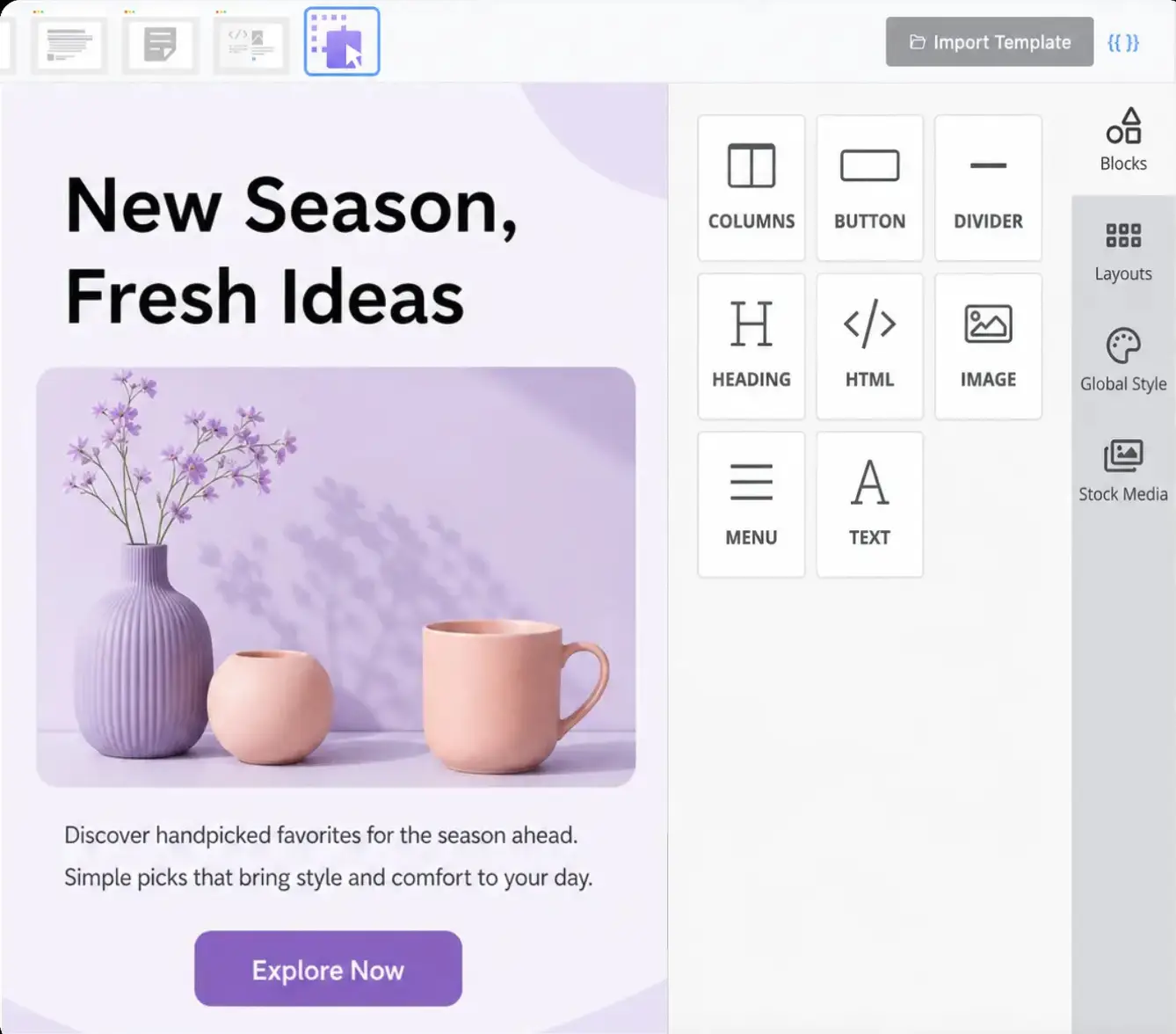 A digital design interface for creating email marketing templates.