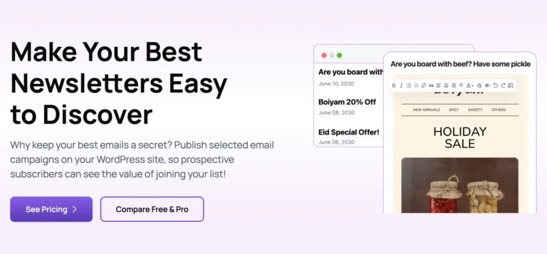 Graphic advertising a feature for publishing newsletters on WordPress websites.