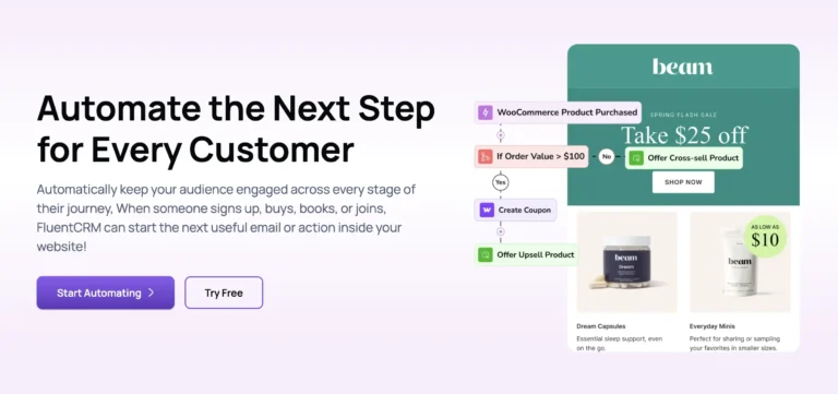 FluentCRM marketing automation workflow for e-commerce customer journeys.