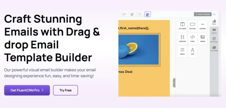 Email template builder interface with drag and drop design features.