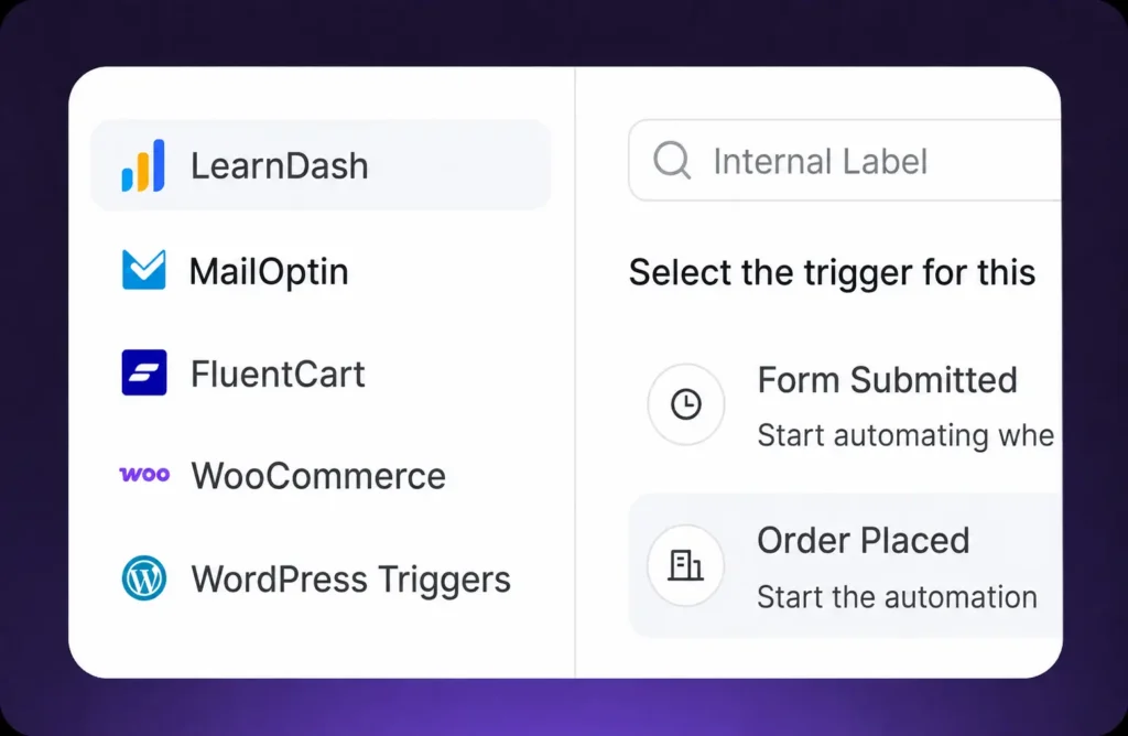 Automation tool interface with LearnDash selected and trigger options.