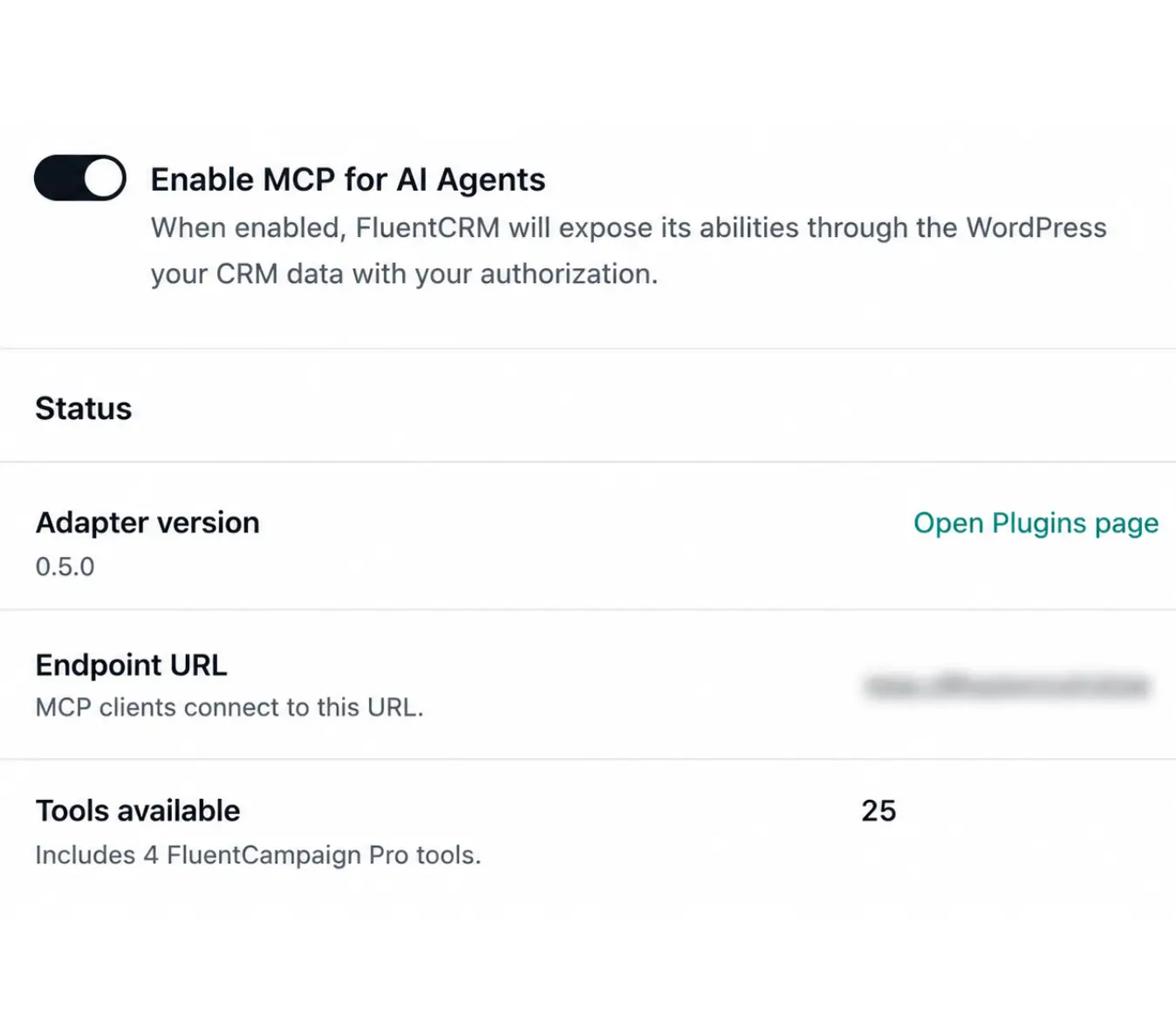 FluentCRM settings page for enabling MCP for AI Agents.