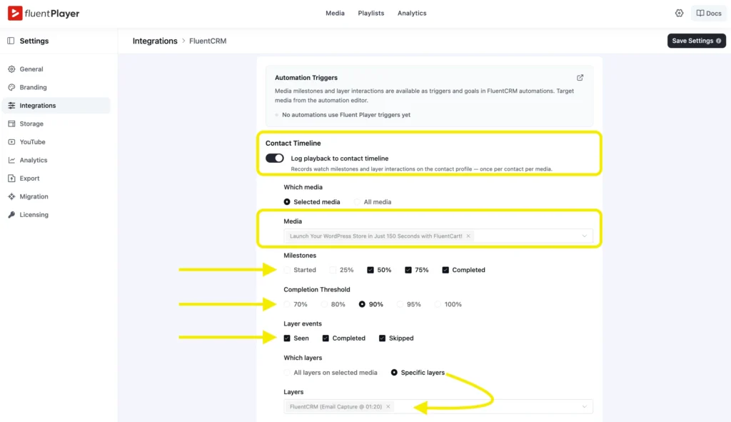 FluentPlayer integration settings for FluentCRM dashboard.