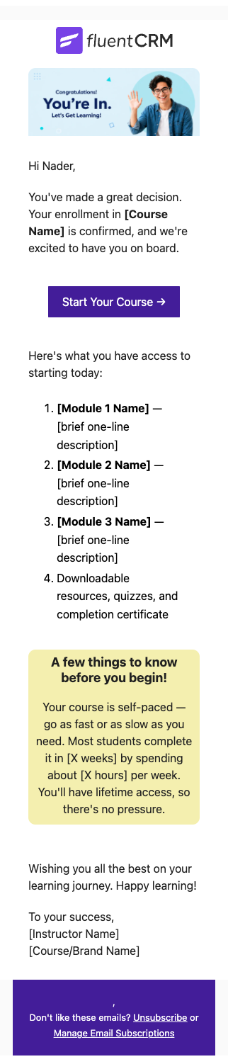 FluentCRM course enrollment confirmation email template layout.