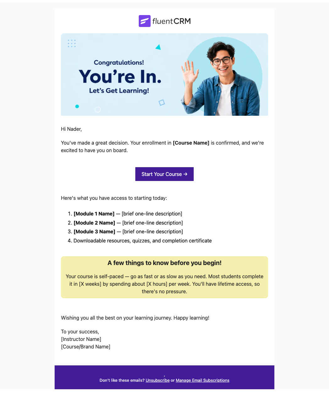 Course enrollment confirmation email with a smiling student banner.