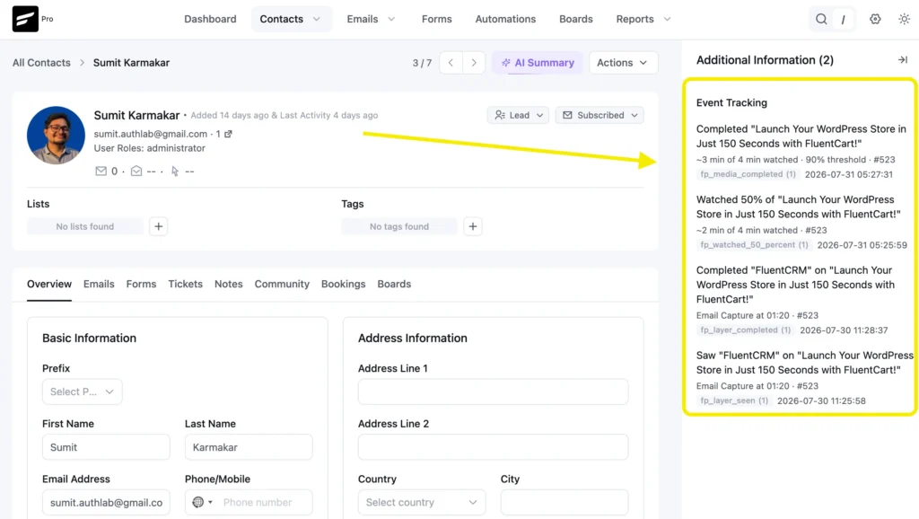 8. fluentcrm launch waitlist contact timeline