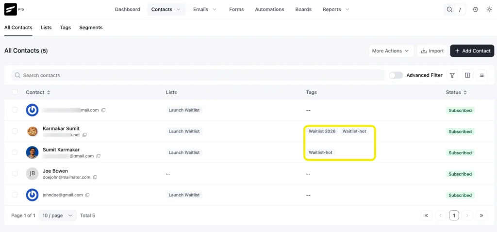 Screenshot of a digital contact management dashboard interface.