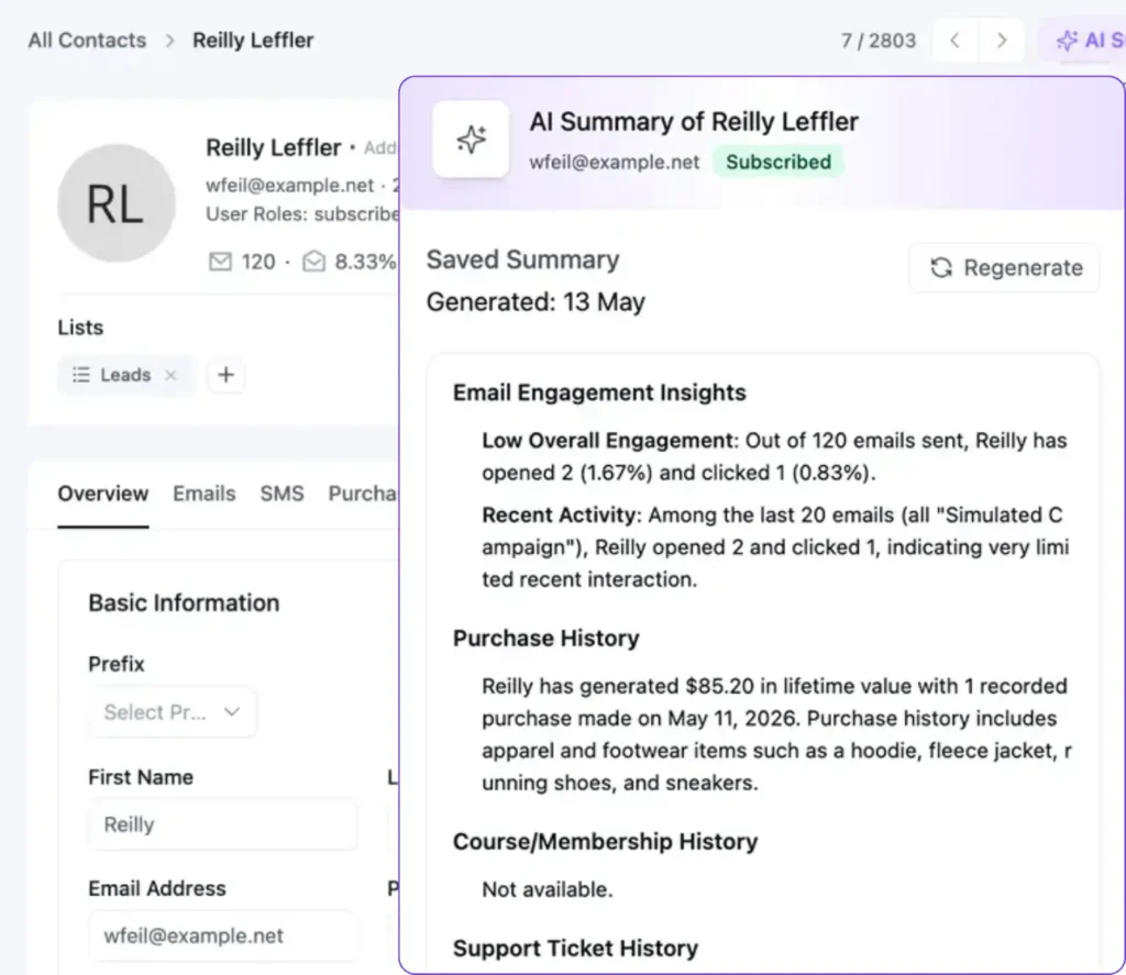 AI-generated summary of a contact profile in a CRM.