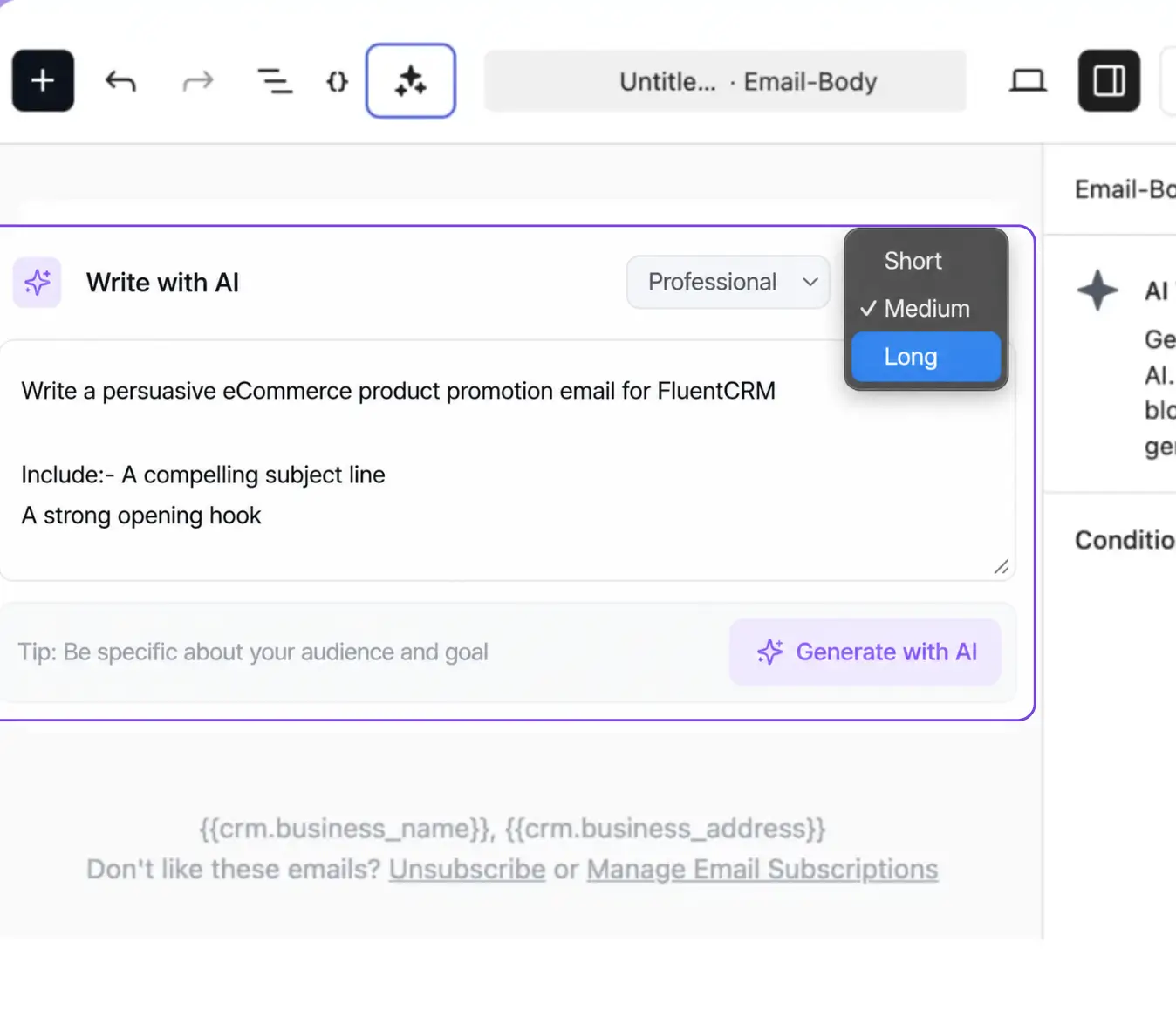 AI writing tool interface for generating an email prompt.