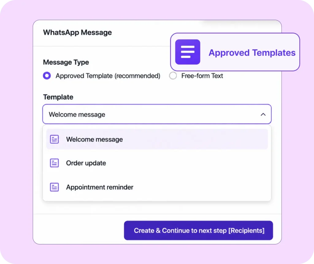 WhatsApp message creation screen showing approved template selection options.