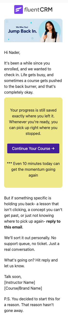 Student inactivity reminder email
