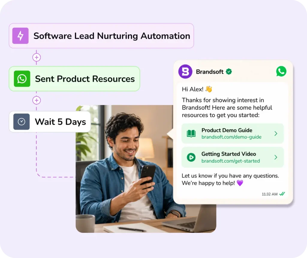 Diagram showing lead nurturing automation and a man checking WhatsApp.
