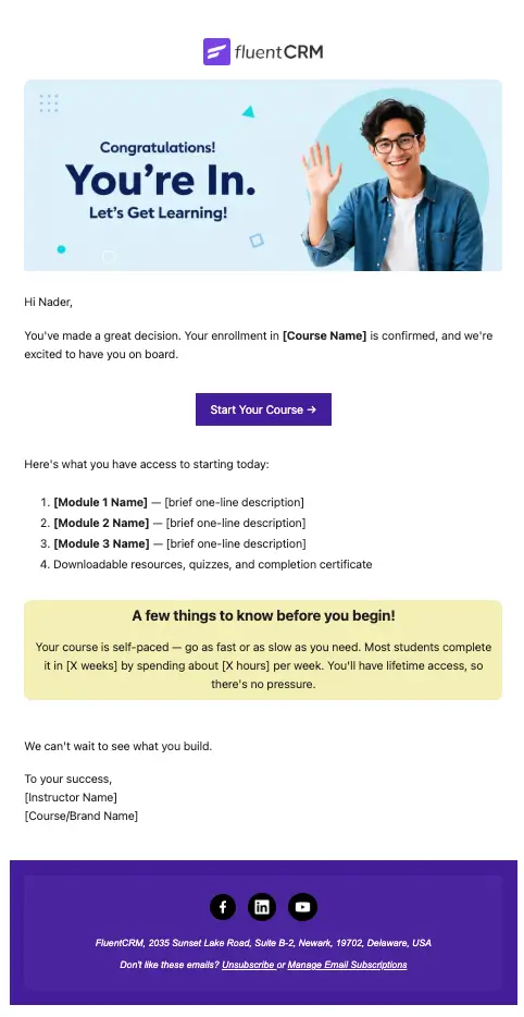 Course enrollment confirmation email template